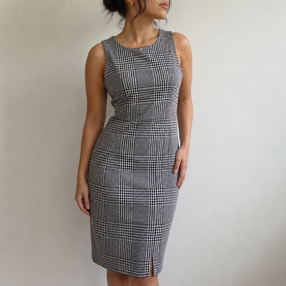 Banana Republic Black White Houndstooth Sheath Dress Petite 4P Dark Academia
